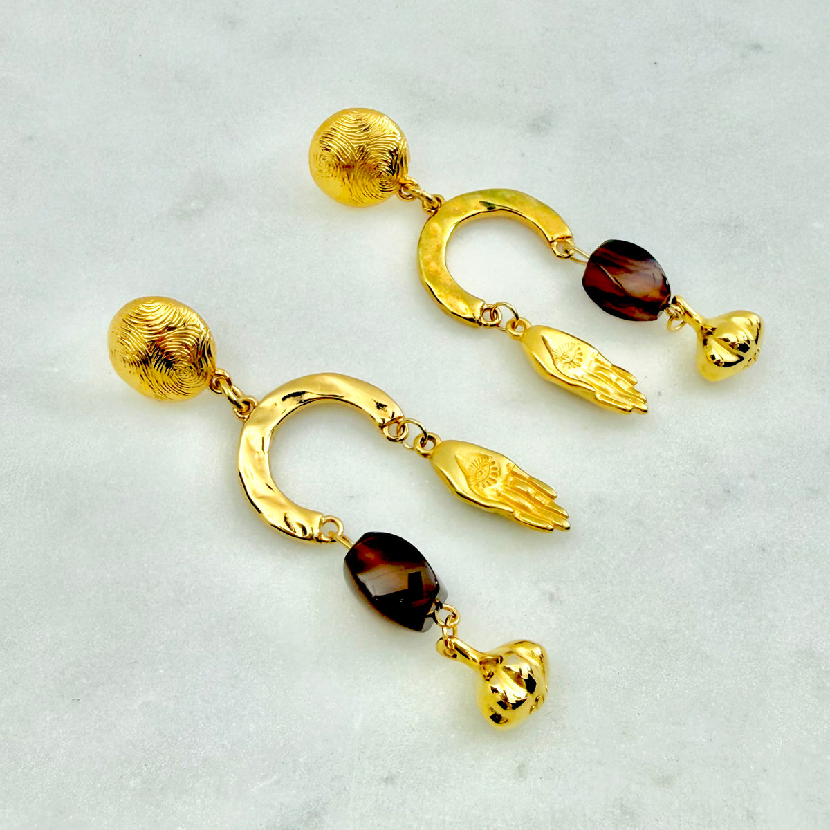 fortune earrings with gold charms and tortoiseshell bead