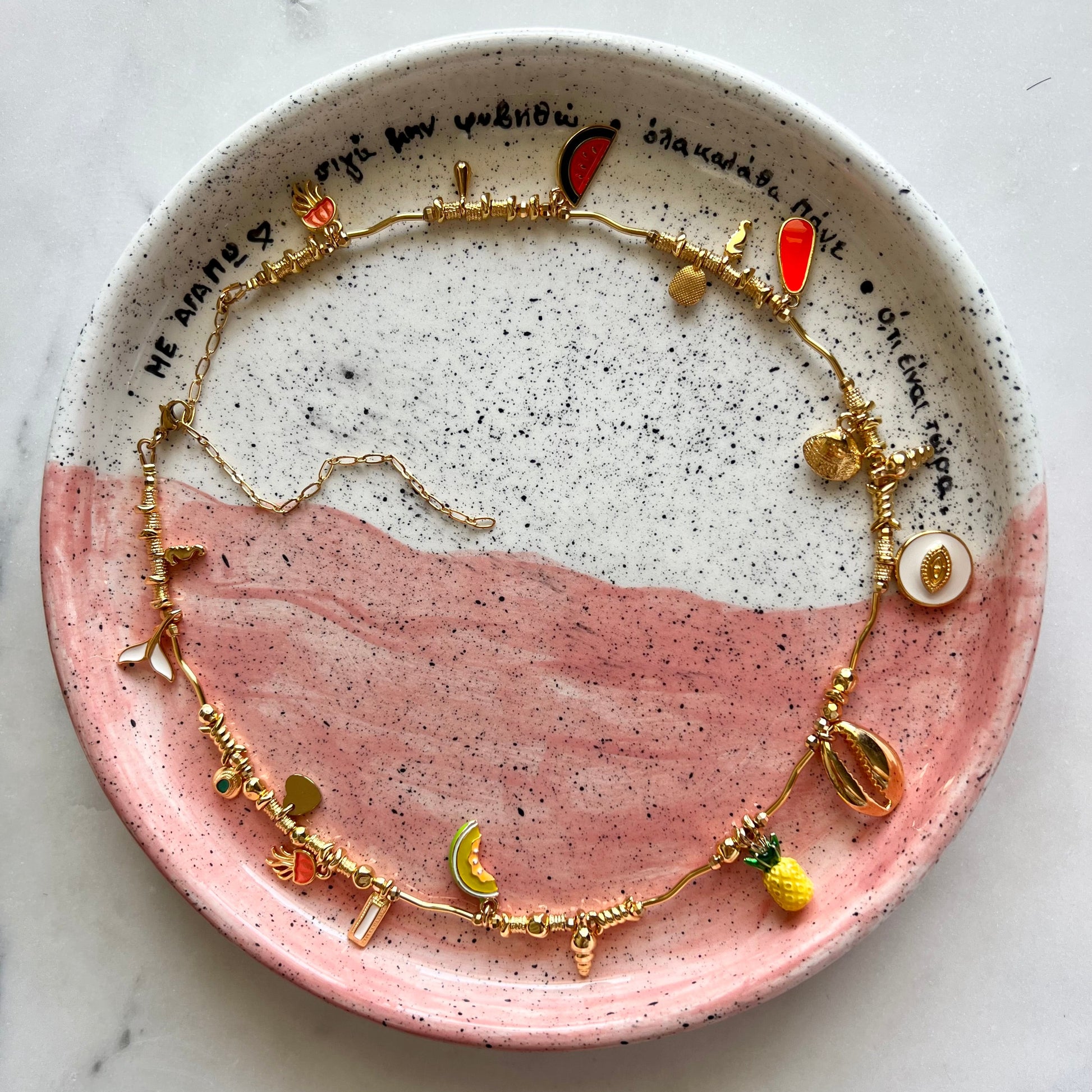 necklace with colorful summer pendants and beads gold-plated brass